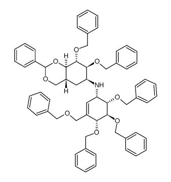 (4aR,6S,7S,8S,8aR)-7,8-bis(benzyloxy)-2-phenyl-N-((1S,4R,5S,6S)-4,5,6-tris(benzyloxy)-3-((benzyloxy)methyl)cyclohex-2-en-1-yl)hexahydro-4H-benzo[d][1,3]dioxin-6-amine Structure