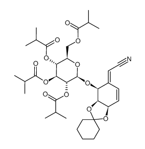 (2E)-{(4R,5R,6S)-4,5-(cyclohexylidenedioxy)-6-[(2,3,4,6-tetra-O-isobutyryl-β-D-glucopyranosyl)oxy]-cyclohex-2-en-1-ylidene}ethanenitrile Structure