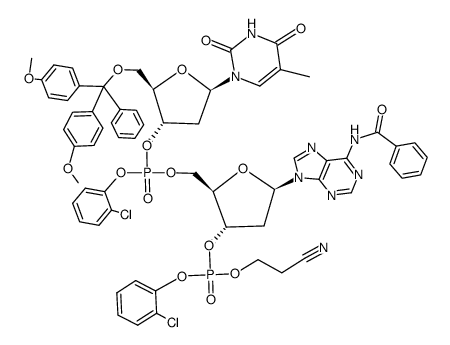 3'-Adenylic acid, 5'-O-[bis(4-methoxyphenyl)phenylmethyl]-P-(2-chlorophenyl)thymidylyl-(3'→5')-N-benzoyl-2'-deoxy-, 2-chlorophenyl 2-cyanoethyl ester结构式