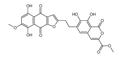 6-[2-(4,9-Dihydro-5,8-dihydroxy-7-methoxy-4,9-dioxonaphtho[2,3-b]furan-2-yl)ethyl]-7,8-dihydroxy-1-oxo-1H-2-benzopyran-3-carboxylic acid methyl ester structure