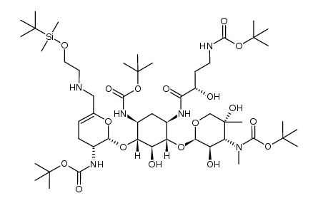 6'-(2-tert-butyldimethylsililoxy-ethyl)-2',3,3''-triBoc-1-(N-Boc-4-amino-2(S)-hydroxy-butyryl)-sisomicin结构式