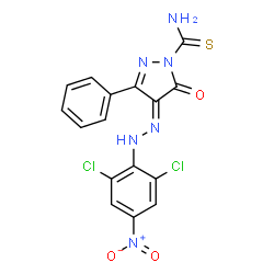 4-({2,6-dichloro-4-nitrophenyl}hydrazono)-5-oxo-3-phenyl-4,5-dihydro-1H-pyrazole-1-carbothioamide结构式