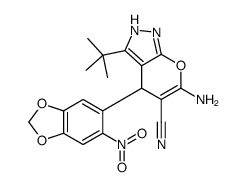 6-amino-3-tert-butyl-4-(6-nitro-1,3-benzodioxol-5-yl)-2,4-dihydropyrano[2,3-c]pyrazole-5-carbonitrile结构式