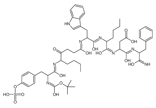 4-[(1-amino-1-oxo-3-phenylpropan-2-yl)amino]-3-[2-[[3-(1H-indol-3-yl)-2-[[5-[[2-[(2-methylpropan-2-yl)oxycarbonylamino]-3-(4-sulfooxyphenyl)propanoyl]amino]-4-oxononanoyl]amino]propanoyl]amino]hexanoylamino]-4-oxobutanoic acid Structure