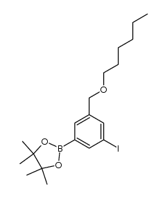 2-(3-hexyloxymethyl-5-iodophenyl)-4,4,5,5-tetramethyl[1,3,2]dioxaborolane结构式
