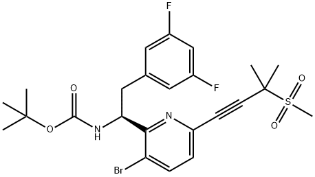 Carbamic acid, N-[(1S)-1-[3-bromo-6-[3-methyl-3-(methylsulfonyl)-1-butyn-1-yl]-2-pyridinyl]-2-(3,5-difluorophenyl)ethyl]-, 1,1-dimethylethyl ester Structure