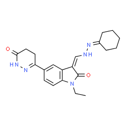 (3Z)-3-[(2-cyclohexylidenehydrazinyl)methylidene]-1-ethyl-5-(6-oxo-1,4,5,6-tetrahydropyridazin-3-yl)-1,3-dihydro-2H-indol-2-one structure