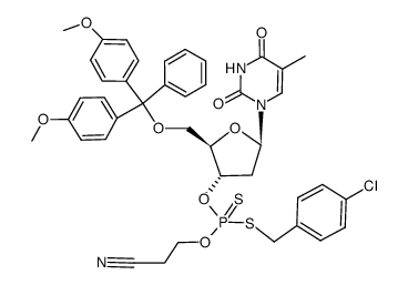 5'-O-Dimethoxytritylthymidine-3'-O-<β-cyanoethyl-(S-4-chlorobenzyl)>-phosphorodithioate Structure