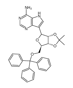 7-((3aS,6R,6aR)-2,2-dimethyl-6-((trityloxy)methyl)tetrahydrofuro[3,4-d][1,3]dioxol-4-yl)-5H-pyrrolo[3,2-d]pyrimidin-4-amine Structure