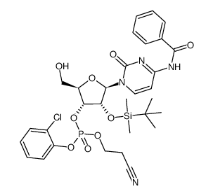 N4-Benzoyl-2'-O-(tert-butyldimethylsilyl)cytidin-3'-(2-chlorophenyl)(2-cyanaethyl)phosphat Structure