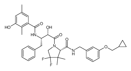 2-Pyrrolidinecarboxamide, N-[[3-(cyclopropylmethoxy)phenyl]methyl]-4,4-difluoro-1-[(2S,3S)-2-hydroxy-3-[(3-hydroxy-2,5-dimethylbenzoyl)amino]-1-oxo-4-phenylbutyl]-3,3-dimethyl-, (2S) Structure