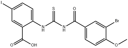 2-[[[(3-bromo-4-methoxybenzoyl)amino]thioxomethyl]amino]-5-iodo-benzoic acid structure