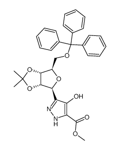 methyl 4-hydroxy-3-(2',3'-O-isopropylidene-5'-O-trityl-β-D-ribofuranosyl)pyrazole-5-carboxylate结构式