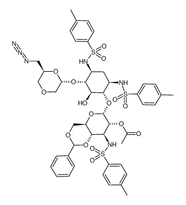 6-O-(2-O-acetyl-4,6-O-benzylidene-3-deoxy-3-tosylamido-α-D-glucopyranosyl)-4-O-(6-azido-3-oxa-2,3,4,6-tetradeoxy-α-D-glycero-hexopyranosyl)-2-deoxy-1,3-di-N-tosylstreptamine Structure