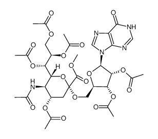 2',3'-di-O-acetyl-(4-N-acetyl-2,4-dideoxy-3,6,7,8-tetra-O-acetyl-1-methoxycarbonyl-D-glycero-α-D-galactooctapyranosyl)inosine结构式