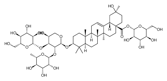 β-D-glucopyranosyl 3-[(O-β-D-glucopyranosyl-(1->3)-O-[α-L-rhamnopyranosyl-(1->2)]-α-L-arabinopyranosyl)oxy]-20β-hydroxy-30-norolean-12-en-28-oate结构式