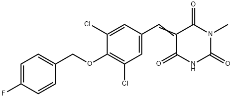 (5E)-5-{3,5-dichloro-4-[(4-fluorobenzyl)oxy]benzylidene}-1-methylpyrimidine-2,4,6(1H,3H,5H)-trione结构式