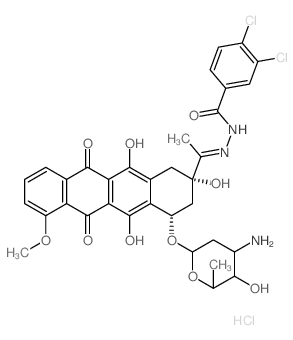 N-[1-[4-(4-amino-5-hydroxy-6-methyl-oxan-2-yl)oxy-2,5,12-trihydroxy-7-methoxy-6,11-dioxo-3,4-dihydro-1H-tetracen-2-yl]ethylideneamino]-3,4-dichloro-benzamide structure