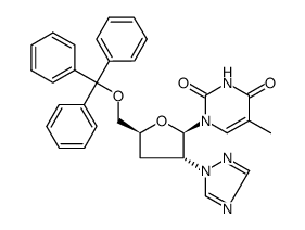 1-<5-O-trityl-2-(1,2,4-triazol-1-yl)-2,3-dideoxy-β-D-erythro-pentofuranosyl>thymine结构式