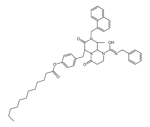 [4-[[(6S,9R)-1-(benzylcarbamoyl)-9-methyl-8-(naphthalen-1-ylmethyl)-4,7-dioxo-3,6,9,9a-tetrahydro-2H-pyrazino[1,2-a]pyrimidin-6-yl]methyl]phenyl] dodecanoate结构式