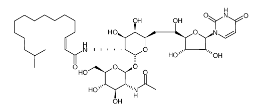 (11R)-O1-(2-acetylamino-D-2-deoxy-glucopyranosyl)-11-(2,4-dioxo-3,4-dihydro-2H-pyrimidin-1-yl)-2-(15-methyl-hexadec-2t-enoylamino)-1α-L-allo-D-galacto-2,6,11-trideoxy-undecodiald-1,5,11,8-ose结构式