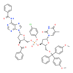 P-(4-chlorophenyl)-5'-O-(4,4'-dimethoxytrityl)thymidylyl-(3'→5')-N-benzoyl-2'-deoxyadenosine 3'-benzoate structure