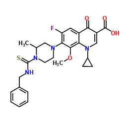 3-Quinolinecarboxylic acid, 1-cyclopropyl-6-fluoro-1,4-dihydro-8-Methoxy-7-[3-Methyl-4-[[(phenylmethyl)amino]thioxomethyl]-1-piperazinyl]-4-oxo- structure