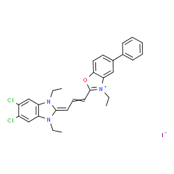 2-[3-(5,6-dichloro-1,3-diethyl-1,3-dihydro-2H-benzimidazol-2-ylidene)prop-1-enyl]-3-ethyl-5-phenylbenzoxazolium iodide Structure