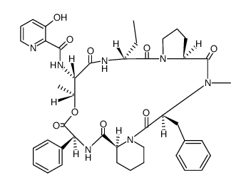 N-(3-hydroxy-pyridine-2-carbonyl)-Ls-threonyl->D-2-amino-butyryl->L-prolyl->N-methyl-L-phenylalanyl->(S)-piperidine-2-carbonyl->(S)-2-phenyl-glycine [1]3-lactone结构式