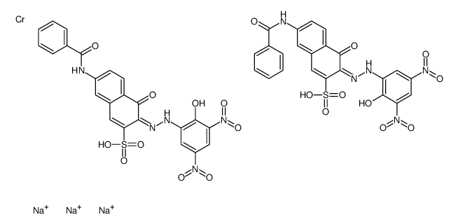 trisodium bis[7-benzamido-4-hydroxy-3-[(2-hydroxy-3,5-dinitrophenyl)azo]naphthalene-2-sulphonato(3-)]chromate(3-) structure