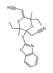 2-[(3,6-Diethyl-3,6-dimethyl-2-cyanomethyl-5-cyanomethylene-1,4-oxathian-2-yl)thio]benzoxazole Structure