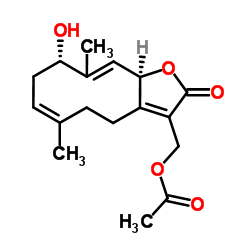 13-Acetoxy-3β-hydroxygermacra-1(10)E,4E,7(11)-trien-12,6α-olide structure