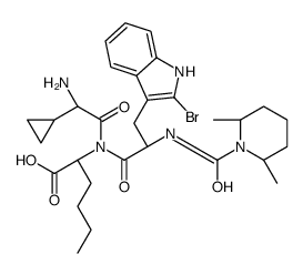 (2S)-2-[[(2S)-2-amino-2-cyclopropylacetyl]-[(2S)-3-(2-bromo-1H-indol-3-yl)-2-[[(2R,6S)-2,6-dimethylpiperidine-1-carbonyl]amino]propanoyl]amino]hexanoic acid Structure