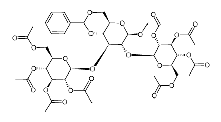 methyl O-(2,3,4,6-tetra-O-acetyl-β-D-glucopyranosyl)-(1-2)-O-[2,3,4,6-tetra-O-acetyl-β-D-glucopyranosyl-(1-3)]-4,6-O-benzylidene-β-D-glucopyranoside结构式