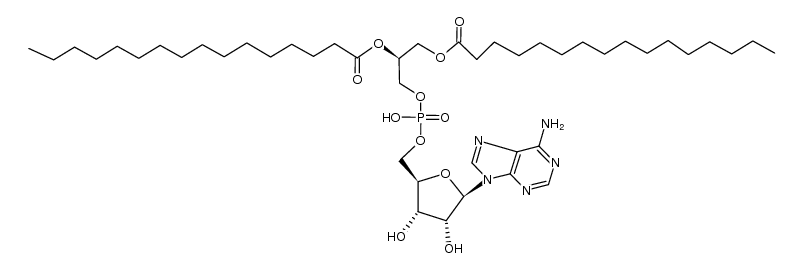 (2S)-3-(((((2R,3S,4R,5R)-5-(6-amino-9H-purin-9-yl)-3,4-dihydroxytetrahydrofuran-2-yl)methoxy)(hydroxy)phosphoryl)oxy)propane-1,2-diyl dipalmitate结构式