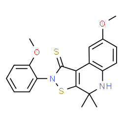 8-methoxy-2-(2-methoxyphenyl)-4,4-dimethyl-4,5-dihydroisothiazolo[5,4-c]quinoline-1(2H)-thione结构式