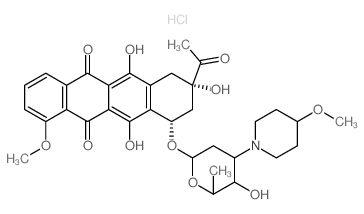 5,12-Naphthacenedione, 8-acetyl-7,8,9,10-tetrahydro-6,8,11-trihydroxy-1-methoxy-10-((2,3,6-trideoxy-3-(4-methoxy-1-piperidinyl)-alpha-L-lyxo-hexopyranosyl)oxy)-, hydrochloride, (8S-cis)-结构式