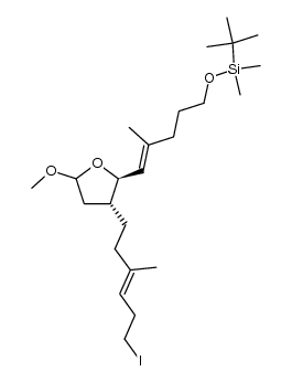 rel-(ξ,4S,5S)-4-[(E)-3-methyl-6-iodo-3-hexenyl]-5-[(E)-2-methyl-5-tert-butyldimethylsilyloxy-1-pentenyl]-2-methoxy-1-oxacyclopentane结构式