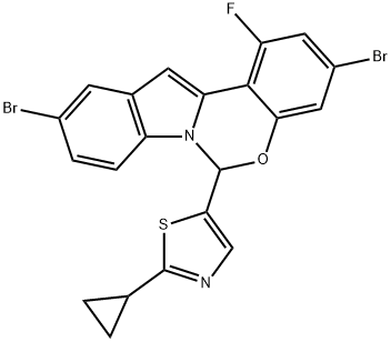 3,10-Dibromo-6-(2-cyclopropyl-1,3-thiazol-5-yl)-1-fluoro-6H-indolo[1,2-c][1,3]benzoxazine Structure