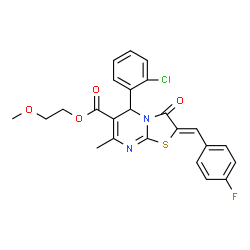 2-methoxyethyl 5-(2-chlorophenyl)-2-(4-fluorobenzylidene)-7-methyl-3-oxo-2,3-dihydro-5H-[1,3]thiazolo[3,2-a]pyrimidine-6-carboxylate结构式