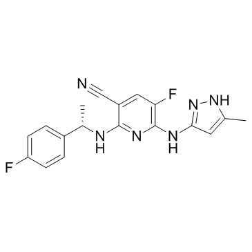5-氟-2-[[(1S)-1-(4-氟苯基)乙基]氨基]-6-[(5-甲基-1H-吡唑-3-基)氨基]-3-吡啶腈结构式