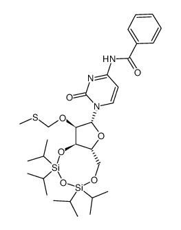 N4-benzoyl-3',5'-O-(1,1,3,3-tetraisopropyldisiloxane-1,3-diyl)-2'-O-[(methylthio)methyl]cytidine Structure