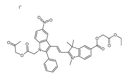 5-[(2-ethoxy-2-oxoethoxy)carbonyl]-1,3,3-trimethyl-2-[2-[5-nitro-1-[2-oxo-2-(2-oxopropoxy)ethyl]-2-phenyl-1H-indol-3-yl]vinyl]-3H-indolium iodide Structure