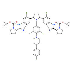 (2S,2'S)-[[(2R, 5R)-1-[3,5-二氟-4-(4-(4-氟苯基)哌啶-1-基)苯胺]-2,5-双四氢吡咯基]双[6-氟-2-(2S)-2-四氢吡咯-1H-苯并咪唑-2,5-二基)]双(1-四氢吡咯甲酸叔丁酯)结构式