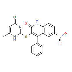 3-[(4-methyl-6-oxo-1,6-dihydropyrimidin-2-yl)sulfanyl]-6-nitro-4-phenylquinolin-2(1H)-one structure