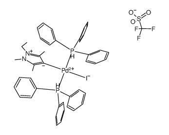 trans-(1-ethyl-2,3,5-trimethylpyrazolin-4-ylidene)iodobis(triphenylphosphine)palladium(II) triflate Structure