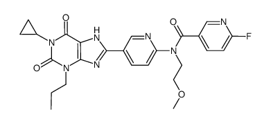 N-[5-(1-cyclopropyl-2,6-dioxo-3-propyl-2,3,6,7-tetrahydro-1H-purin-8-yl)-pyridin-2-yl]-6-fluoro-N-(2-methoxyethyl)nicotinamide结构式