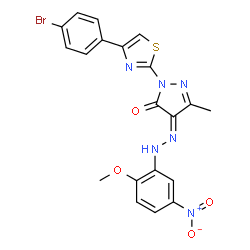 2-[4-(4-bromophenyl)-1,3-thiazol-2-yl]-4-[(2-methoxy-5-nitrophenyl)hydrazono]-5-methyl-2,4-dihydro-3H-pyrazol-3-one结构式