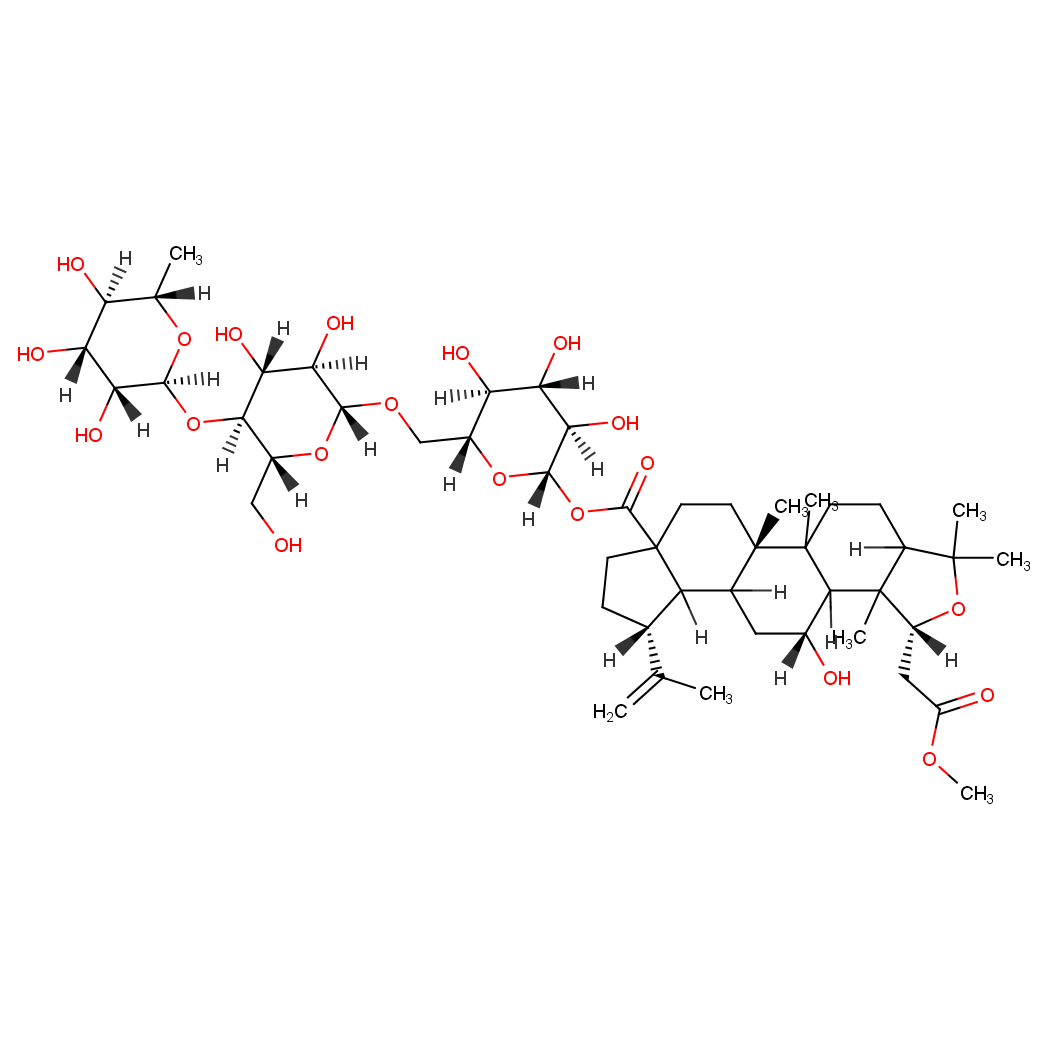 Androstano[3,4-c]furan-5'-acetic acid, 18-[(O-6-deoxy-α-L-mannopyranosyl-(1→4)-O-β-D-glucopyranosyl-(1→6)-β-D-glucopyranosyl)oxy]tetrahydro-6-hydroxy-2',2',4,9-tetramethyl-15-(1-methylethenyl)-18-oxo-, methyl ester, (3β,4α,5β,5'β,6β,8α,9β,10α,13α,14β,15β)- (9CI) picture