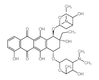 5,12-Naphthacenedione,8-ethyl-7,8,9,10-tetrahydro-1,6,8,11-tetrahydroxy-7,10-bis[[2,3,6-trideoxy-3-(dimethylamino)-a-L-lyxo-hexopyranosyl]oxy]-,(7R,8R,10S)-结构式